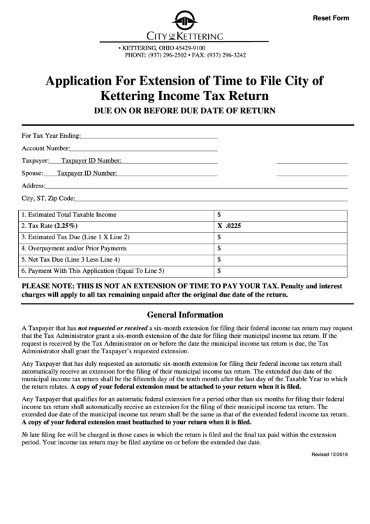Fillable Application For Extension Of Time To File City Of Kettering Income Tax Return Printable pdf