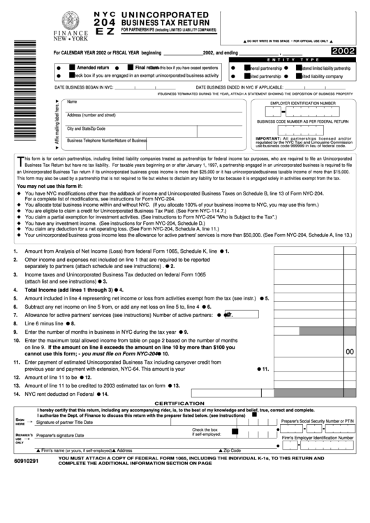 Form Nyc-204ez - Unincorporated Business Tax Return - 2002 Printable pdf
