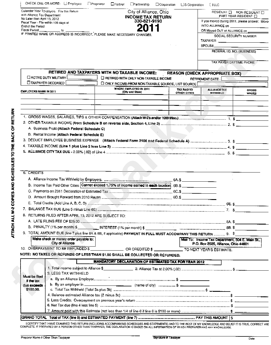 City Of Alliance, Ohio - Income Tax Return - 2011 printable pdf download