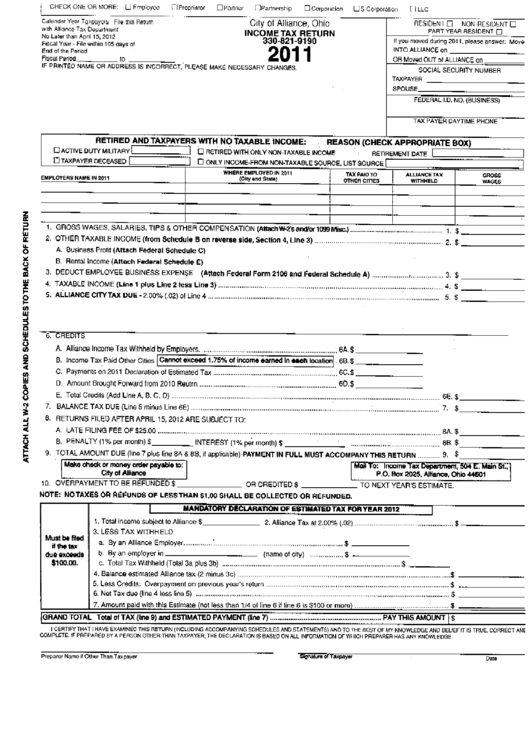 City Of Alliance, Ohio - Income Tax Return - 2011 Printable pdf