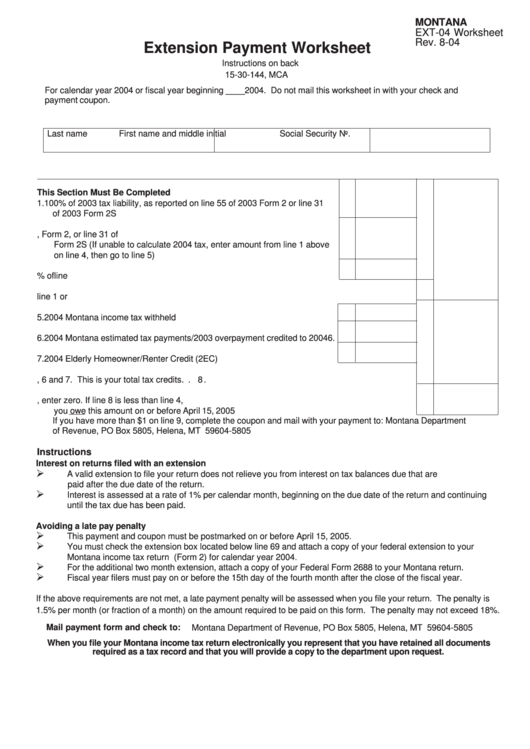 Fillable Montana Form Ext-04 - Extension Payment Worksheet - 2004 Printable pdf