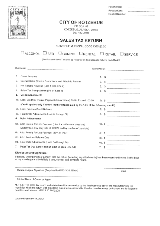 City Of Kotzebue - Sales Tax Return Printable pdf