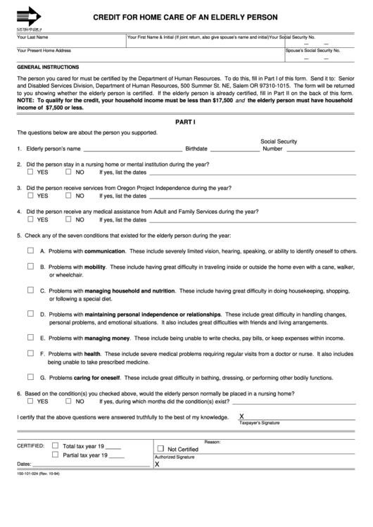 Fillable Form 150-101-024 - Credit For Home Care Of An Elderly Person - 1994 Printable pdf
