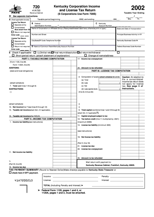 Form 720 - Kentucky Corporation Income And License Tax Return - 2002 Printable pdf