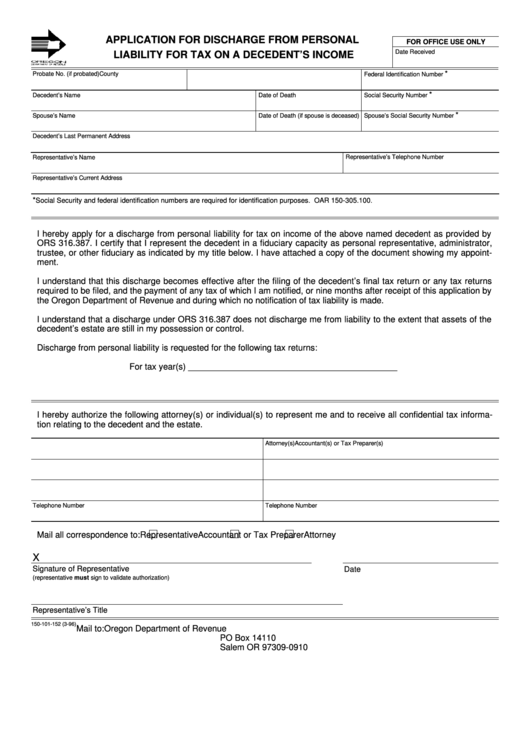 Fillable Form 150-101-152 - Application For Discharge From Personal Liability For Tax On A Decedent