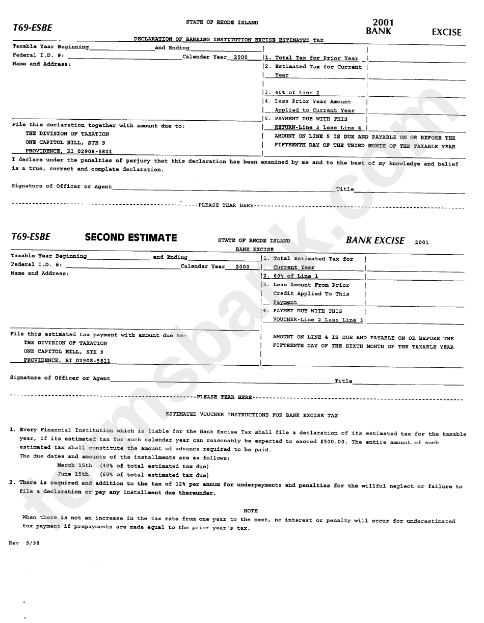Form T69-Esbe - Declaration Of Banking Institution Excise Estimated Tax - 2001