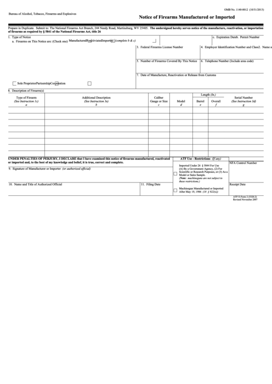 Atf E-Form 2 - Notice Of Firearms Manufactured Or Imported 2013 Printable pdf