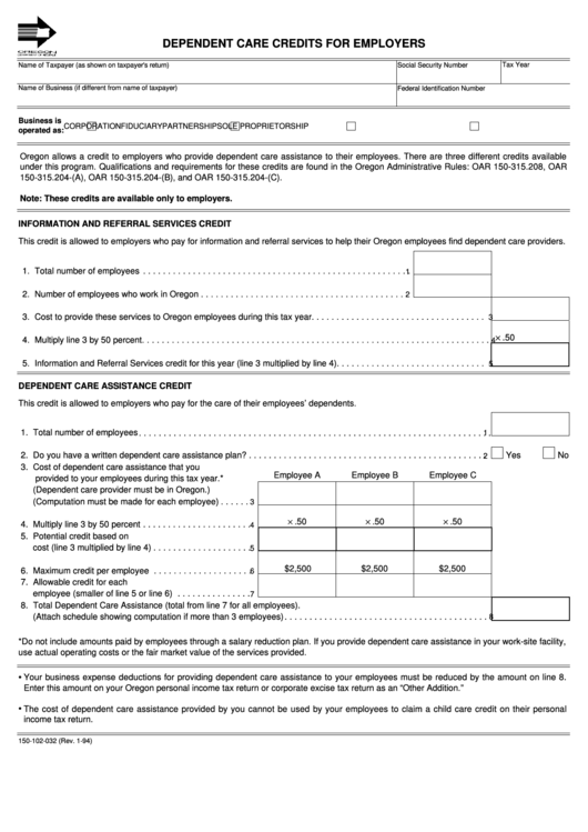 Fillable Form 150-102-032 - Dependent Care Credits For Employers Printable pdf