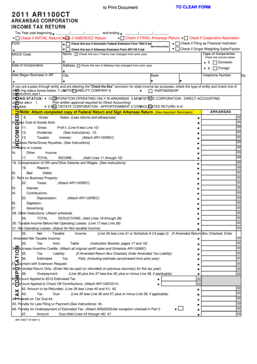 Fillable Form Ar1100ct - Arkansas Corporation Income Tax Return - 2011 Printable pdf