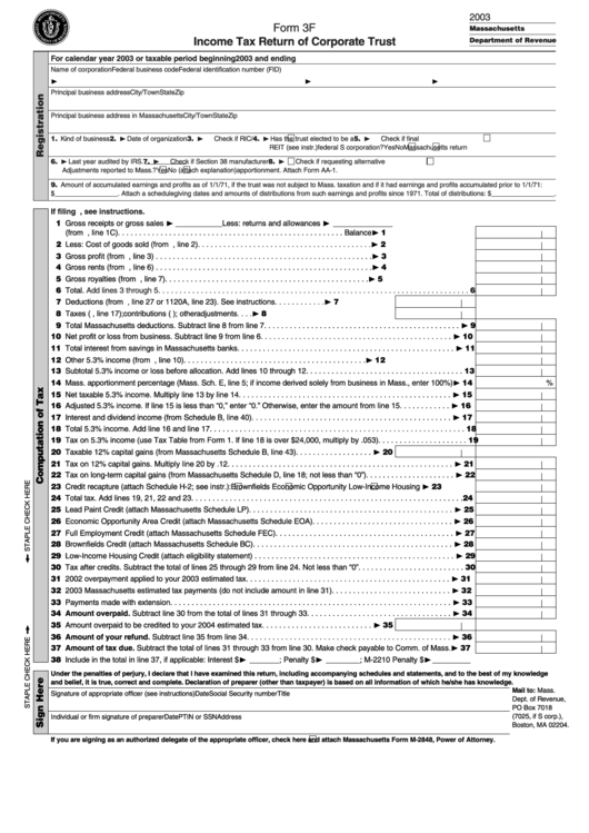 Form 3f - Income Tax Return Of Corporate Trust - 2003 Printable pdf
