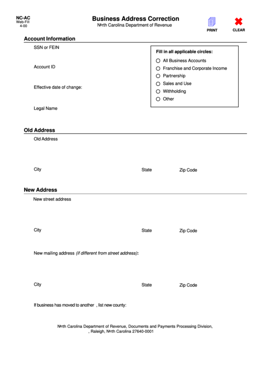 Fillable Form Nc-Ac - Business Address Correction Printable pdf