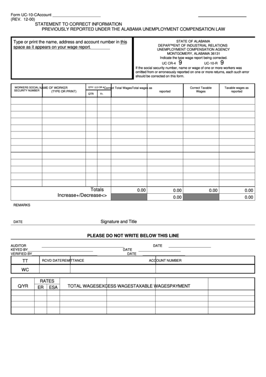 Fillable Form Uc-10-C - Statement To Correct Information Previously Reported Under The Alabama Unemployment Compensation Law Printable pdf