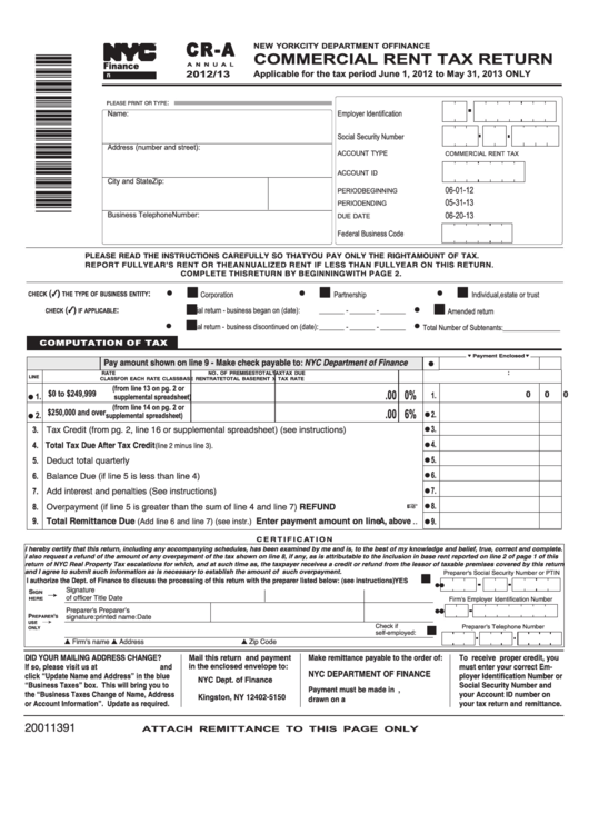 Form Cr-A - Commercial Rent Tax Return - 2012/13 Printable pdf