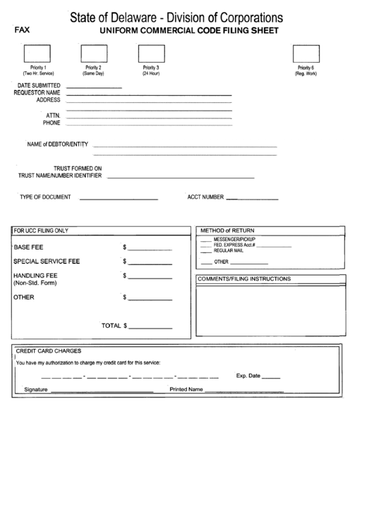 Uniform Commercial Code Filing Sheet - Delaware Division Of Corporations Printable pdf