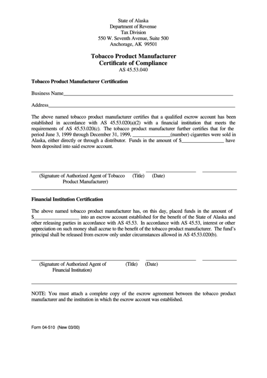 Form 04-510 - Tobacco Product Manufacturer Certificate Of Compliance - 2000 Printable pdf