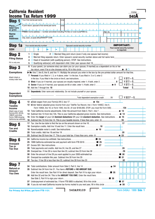 Form 540a - California Resident Income Tax Return - 1999 Printable pdf