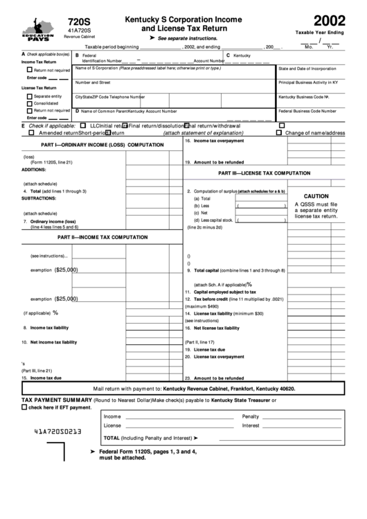 Form 720s - Kentucky S Corporation Income And License Tax Return - 2002 Printable pdf