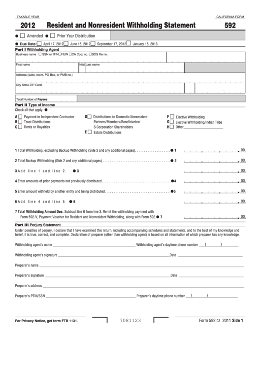 Fillable Form 592 - Resident And Nonresident Withholding Statement - 2012 Printable pdf
