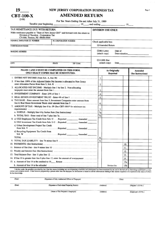 Fillable Form Cbt-100-X - New Jersey Corporation Business Tax Amended Return Printable pdf
