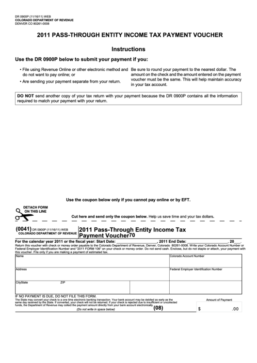 Form Dr 0900p - Pass-Through Entity Income Tax Payment Voucher - 2011 Printable pdf