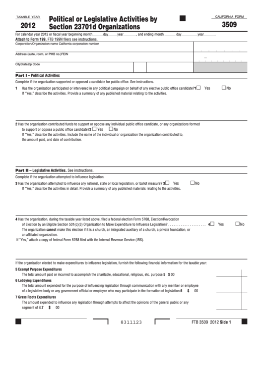 California Form 3509 - Political Or Legislative Activities By Section 23701d Organizations - 2012 Printable pdf