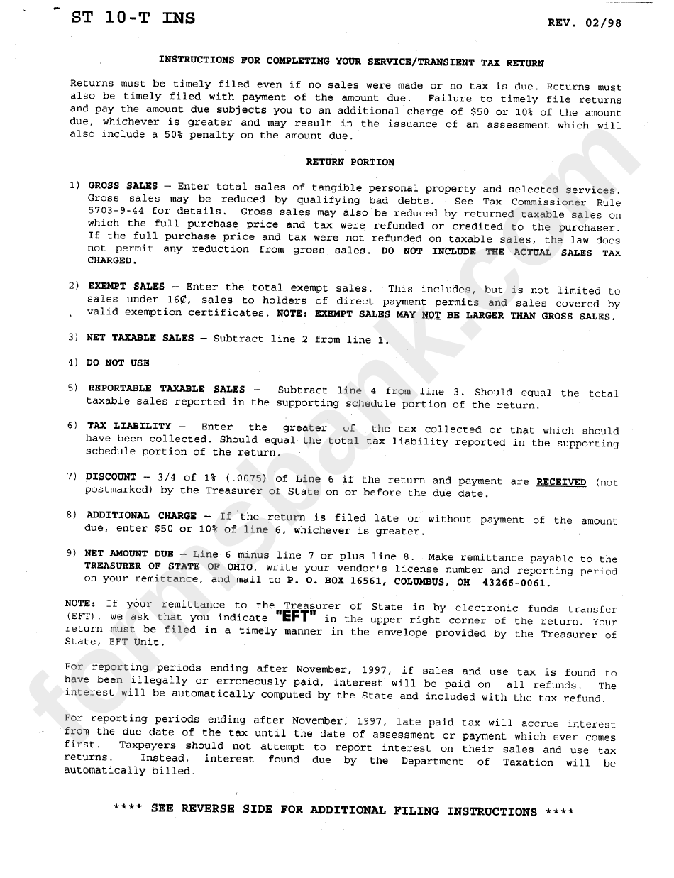 Instructions For Completing Your Service / Transient Tax Return (St 10-T)