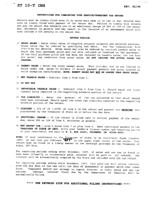 Instructions For Completing Your Service / Transient Tax Return (St 10-T) Printable pdf