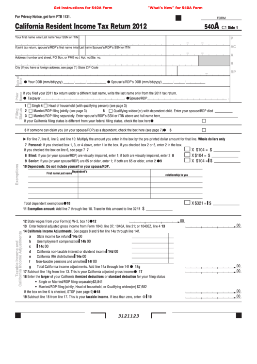 Fillable Form 540a - California Resident Income Tax Return - 2012 ...