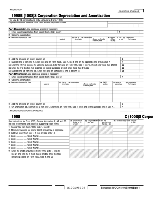 Fillable Schedule B (100s) - S Corporation Depreciation And Amortization - 1198 Printable pdf
