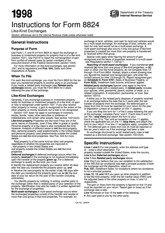 Instructions For Form 8824 - Like-Kind Exchanges - 1998 Printable pdf