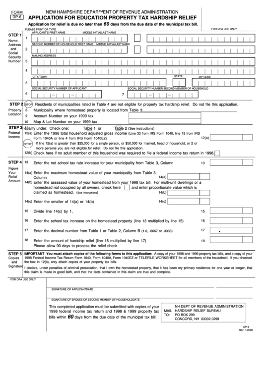 Form Dp-6 - Application For Education Property Tax Hardship Relief Printable pdf