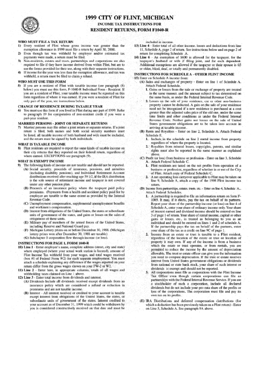 Income Tax Instructions For Resident Returns, Form F1040-R - 1999 Printable pdf