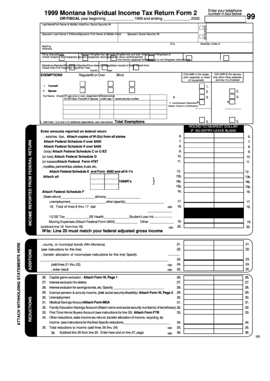 Form 2 - Montana Individual Income Tax Return - 1999 Printable pdf