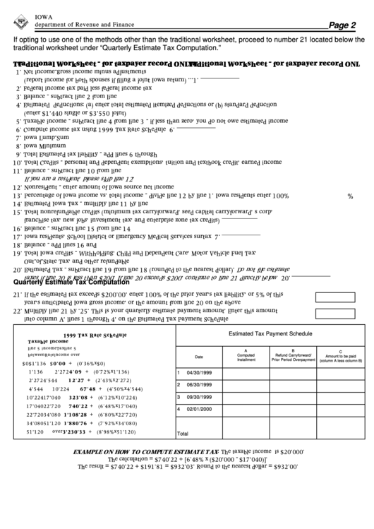 Fillable Form Ia 1040es - Quarterly Estimate Tax - 1999 Printable pdf