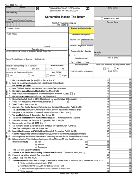 Form 480.20 - Corporation Income Tax Return - 2013 Printable pdf