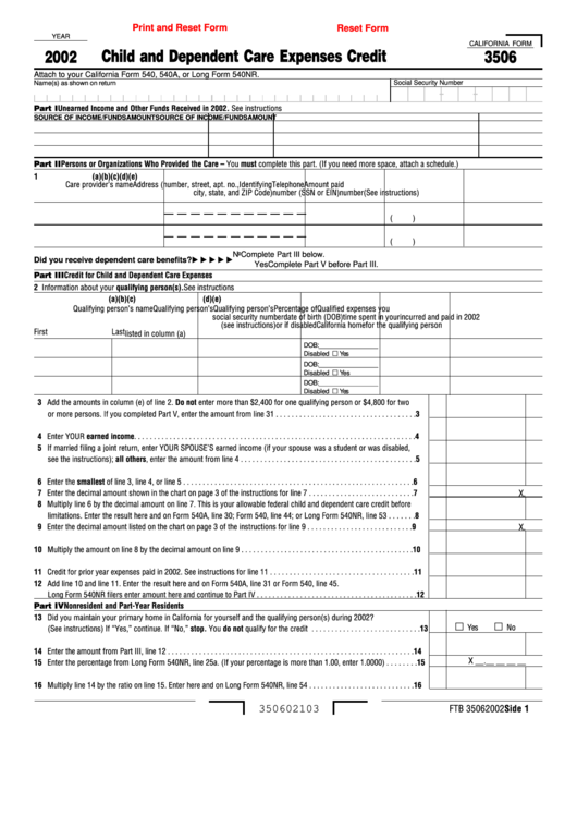 Fillable California Form 3506 - Child And Dependent Care Expenses Credit - 2002 Printable pdf
