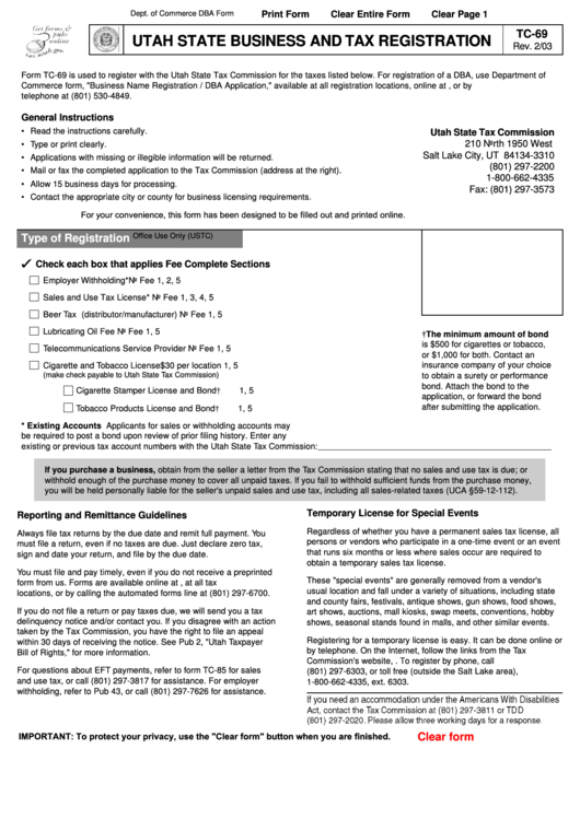 Fillable Form Tc-69 - Utah State Business And Tax Registration Printable pdf