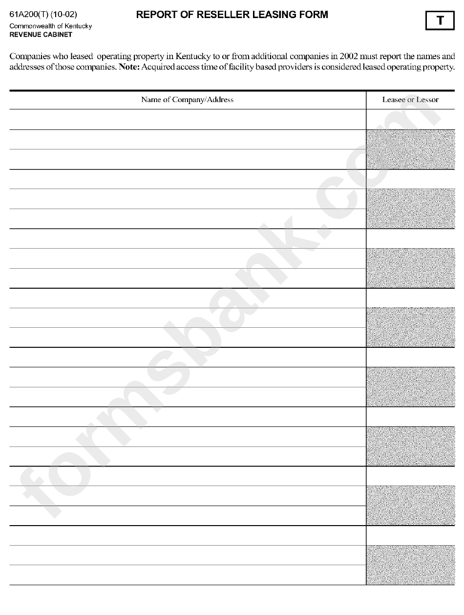 Form 61a200(T) - Report Of Reseller Leasing Form