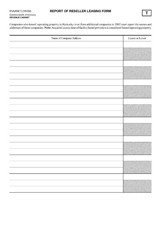 Form 61a200(T) - Report Of Reseller Leasing Form Printable pdf