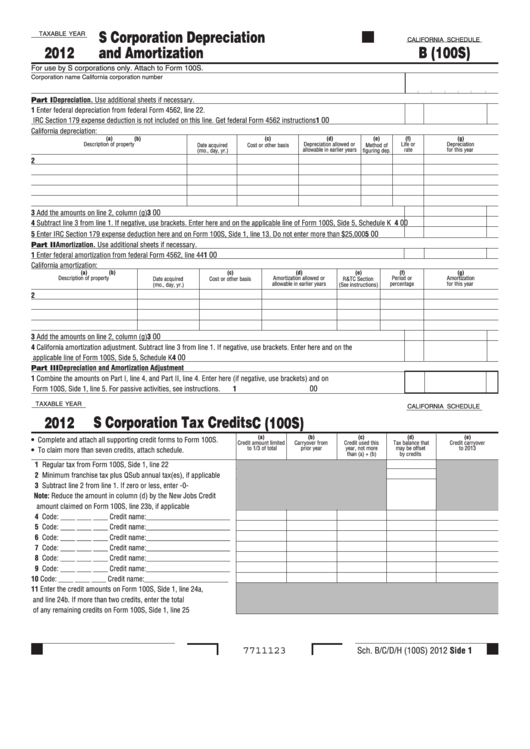 California Schedule B (100s) - S Corporation Depreciation And Amortization - 2012 Printable pdf