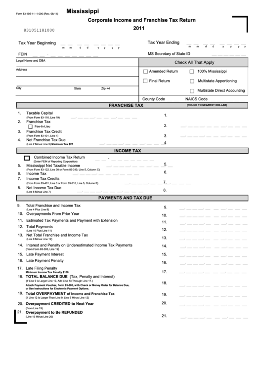 Form 83-105-11-1-000 - Corporate Income And Franchise Tax Return - 2011 Printable pdf