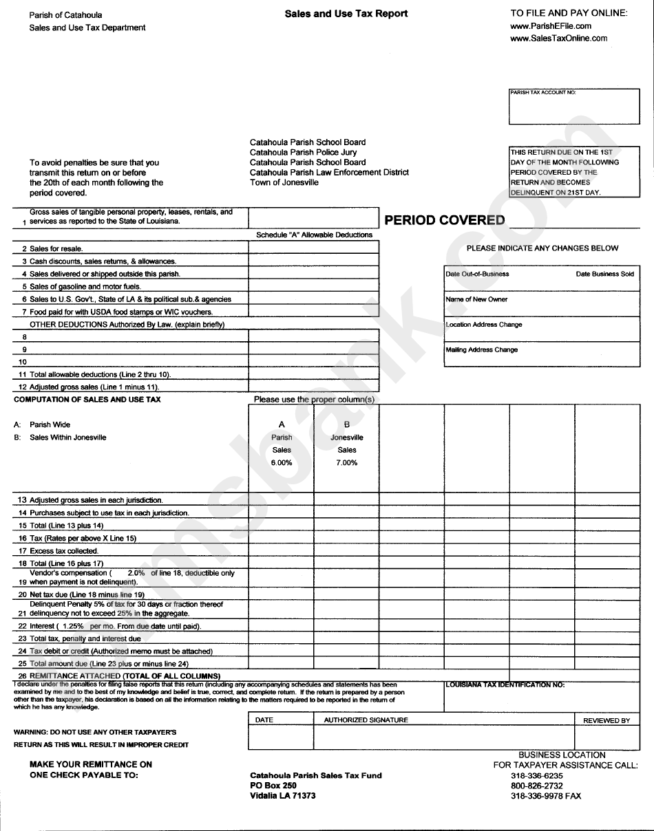 Sales And Use Tax Report - Parish Of Catahoula Sales And Use Tax Department