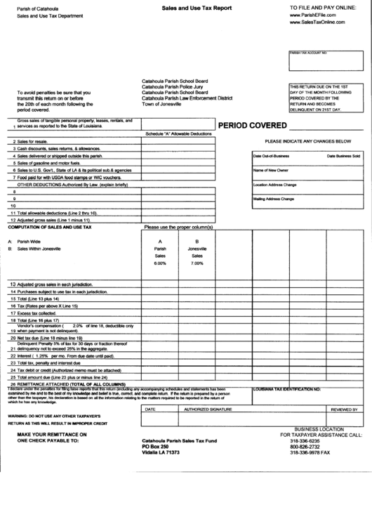 Sales And Use Tax Report - Parish Of Catahoula Sales And Use Tax Department Printable pdf