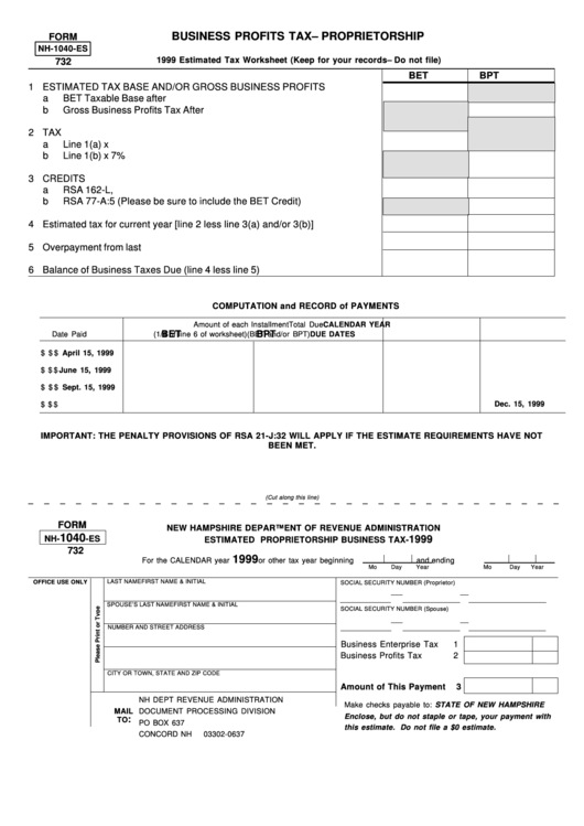 Fillable Form Nh-1040-Es - Business Profits Tax - Proprietorship - 1999 Printable pdf