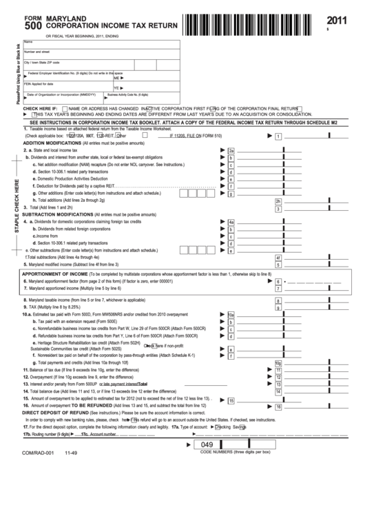 Fillable Form 500 - Maryland Corporation Income Tax Return - 2011 Printable pdf