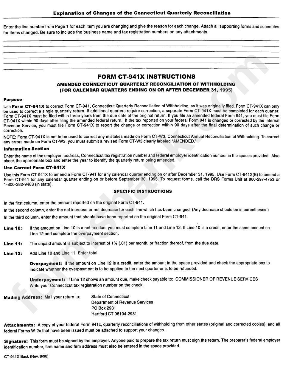 Form Ct-941x Instructions - Amended Connecticut Quarterly Reconciliation Of Withholding - 1998