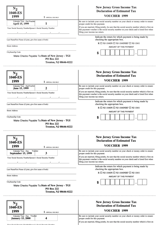 Fillable Form Nj 1040-Es - New Jersey Gross Income Tax Declaration Of Estimated Tax - 1999 Printable pdf