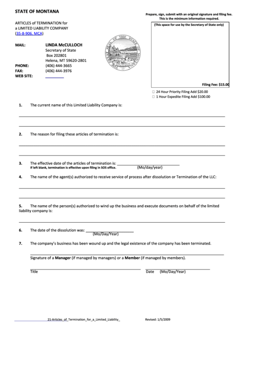 Form 35-8-906 Mca - Articles Of Termination For A Llc Printable pdf
