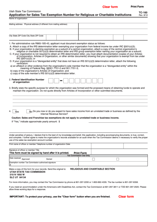 Fillable Form Tc-160 - Application For Sales Tax Exemption Number For Religious Or Charitable Institutions Printable pdf