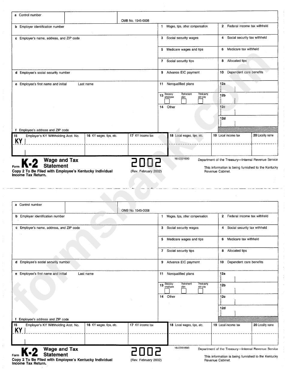 Form W-2 - Wage And Tax Statement - 2002, Form K-2 - Wage And Tax Statement